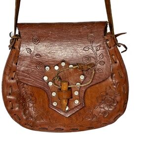 Vintage Hand Tooled Leather Purse Shoulder Bag BOHO Hippie ARTSY Flowers Floral